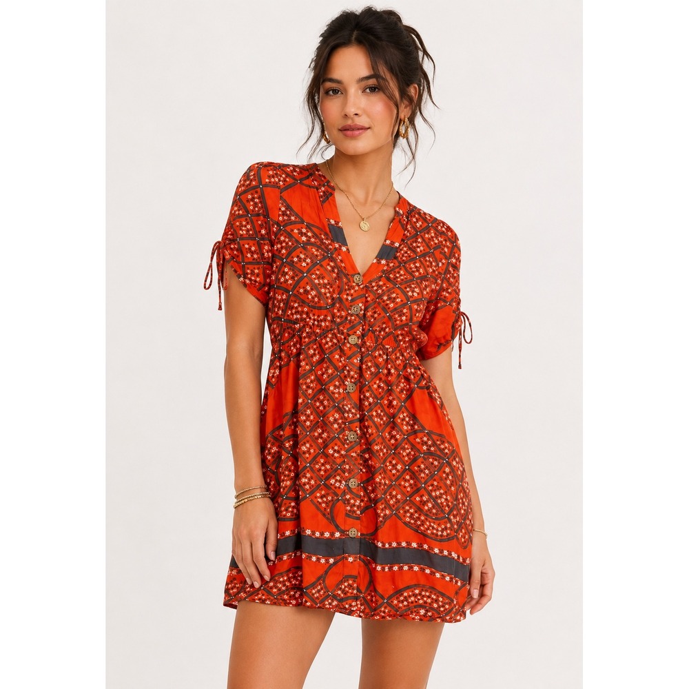Moulinette Soeurs Anthropologie 100% Silk Floral Lattice Button Mini Dress Red 2